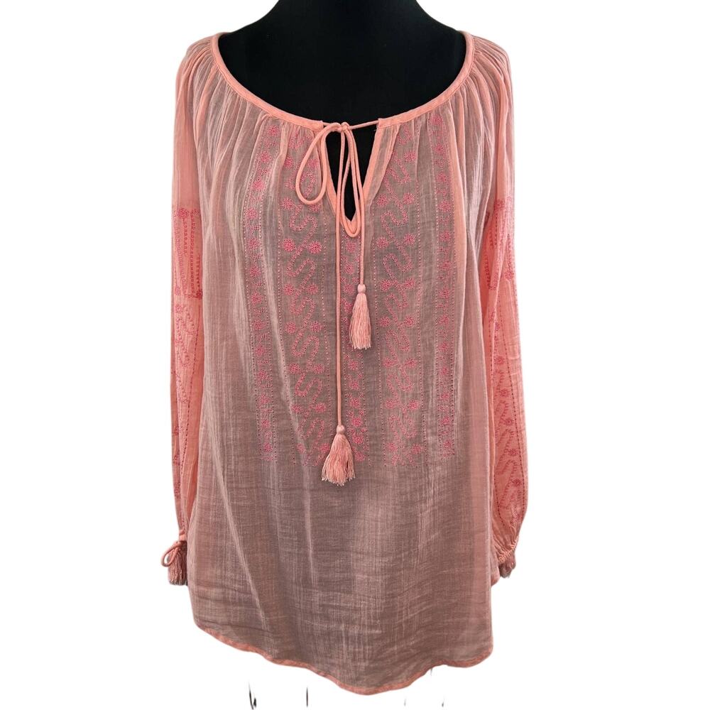 Nanette Lepore Swim Embroidered Tassel Tunic Cover Up Tie Neck Tie Cuff Top M